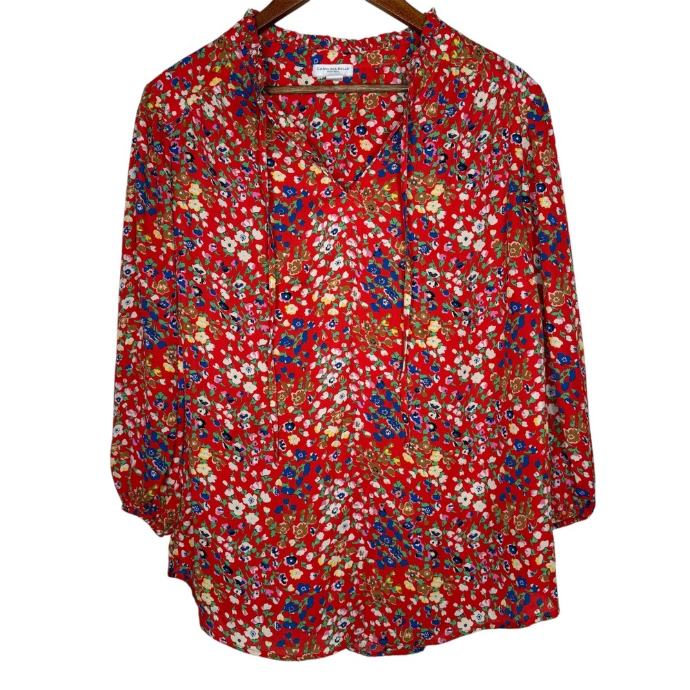 Carolina Belle‎ Montreal Floral Blouse 3/4 Elastic Sleeve, V-neck w/tie Size 1X